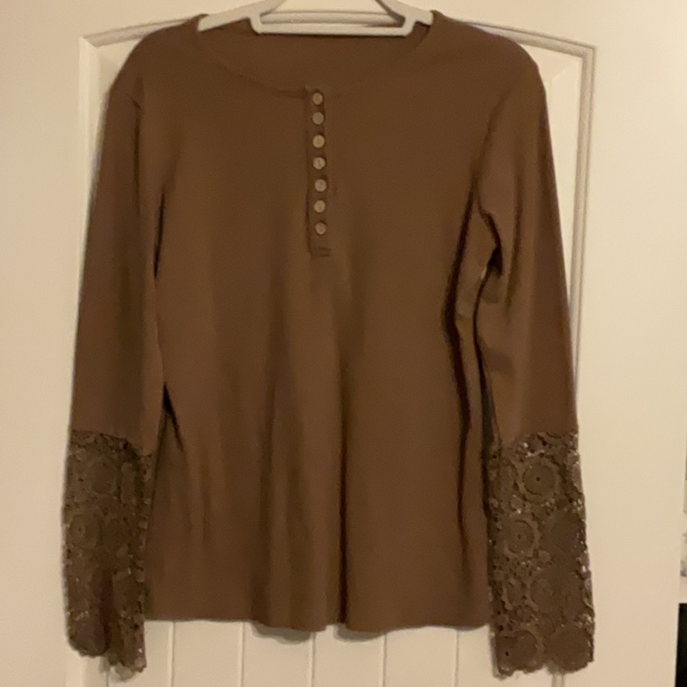 Amazon Brown Tan Long Sleeve Embellished Blouse